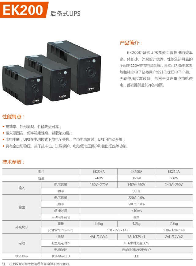 爱克赛UPS电源EKSI系列EK200后备式