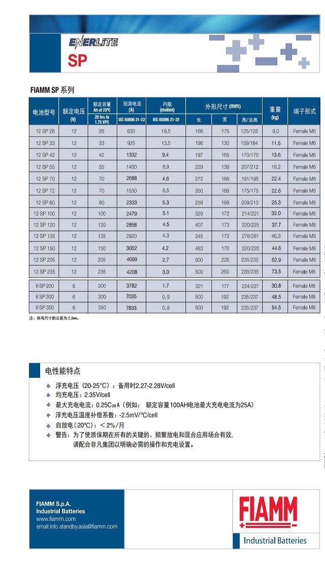 非凡FIAMM蓄电池SP系列